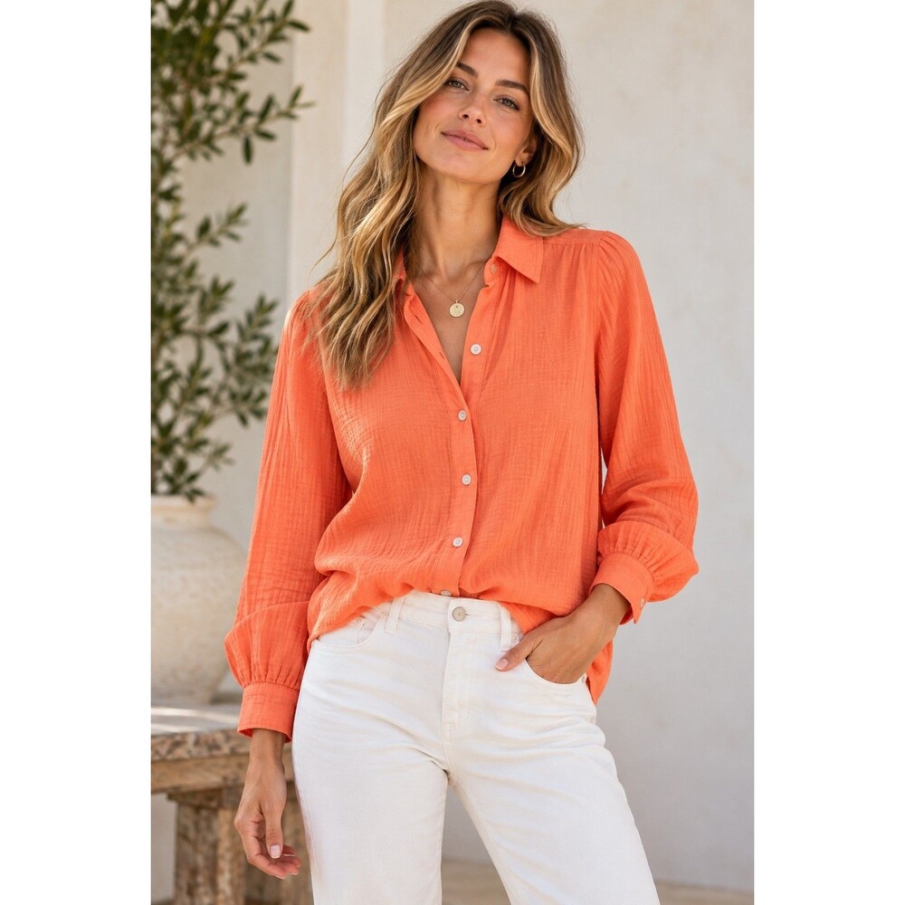 NWT Rails Lo Shirt XS Papaya Orange Gauze Cotton Button Down Blouse Quiet Luxury